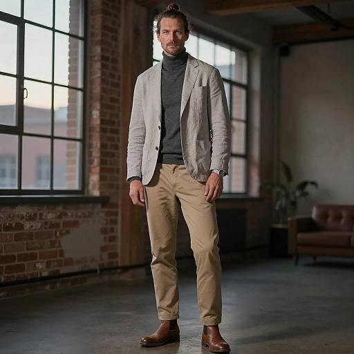 Stylish Man in Modern Industrial Loft Wearing Casual Blazer and Turtleneck