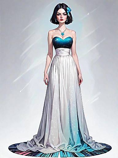 Realistic Comic Style Woman in Elegant Blue and White Gown Full Body Illustration