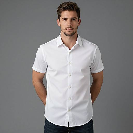 Young Man Wearing White Short Sleeve Button-Up Shirt on Gray Background