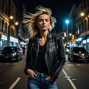 Confident woman in leather jacket at night in city