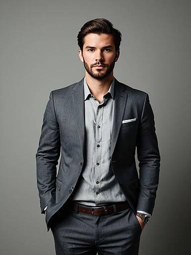 Young Man in Stylish Grey Suit with Watch Standing Against Neutral Background