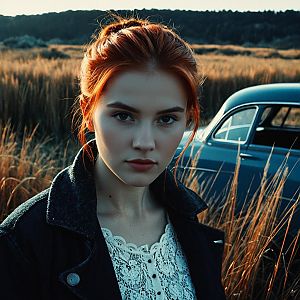 Portrait of Red-Haired Woman in Vintage Setting with Classic Car