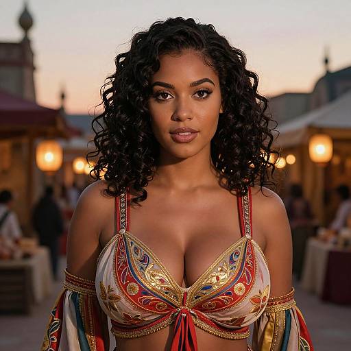 Woman in Ornate Embroidered Outfit at Dusk with Lanterns