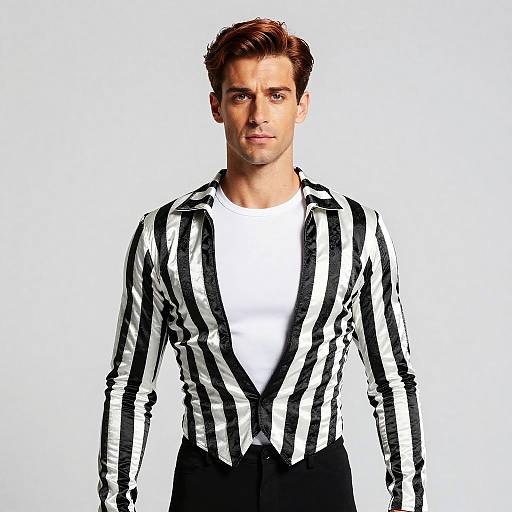 Young Man Wearing Black and White Striped Blazer Fashion Style