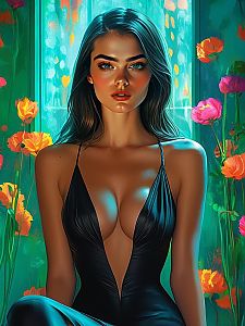 Portrait of Woman in Black Dress with Colorful Flowers