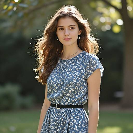 Young Woman in Blue Floral Dress Outdoor Portrait
