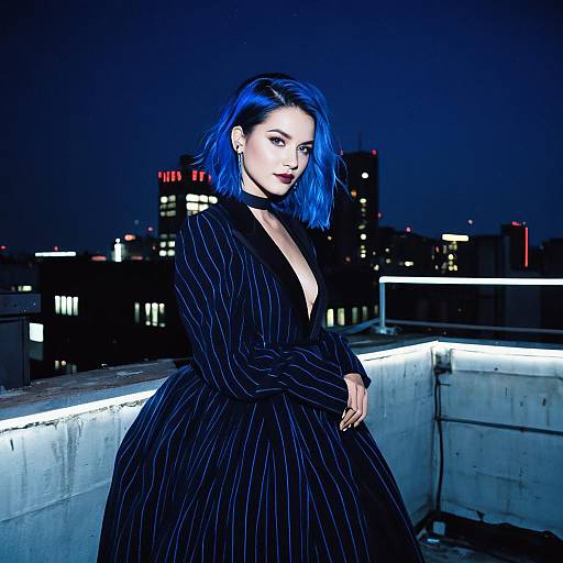 Bold Blue-Haired Woman in Pinstripe Coat Dress on Rooftop at Night