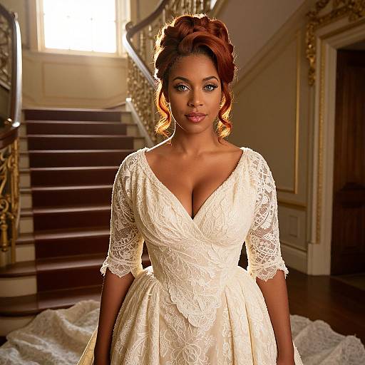 Elegant Woman in Vintage Lace Wedding Dress Standing by Grand Staircase