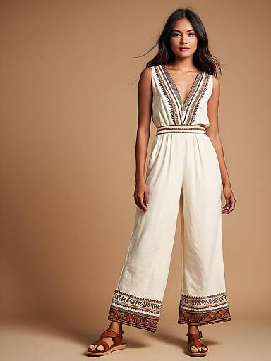 Woman Wearing Cream Colored Bohemian Chic Jumpsuit with Ethnic Trim
