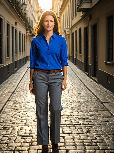 Woman in Blue Shirt and Grey Work Pants Walking on Cobblestone Street