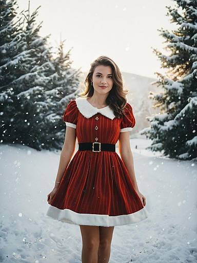 Woman in Festive Red Christmas Dress Photorealistic Winter Portrait with Snowy Trees