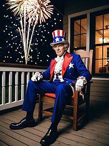 Elderly Man in Patriotic Costume with Fireworks