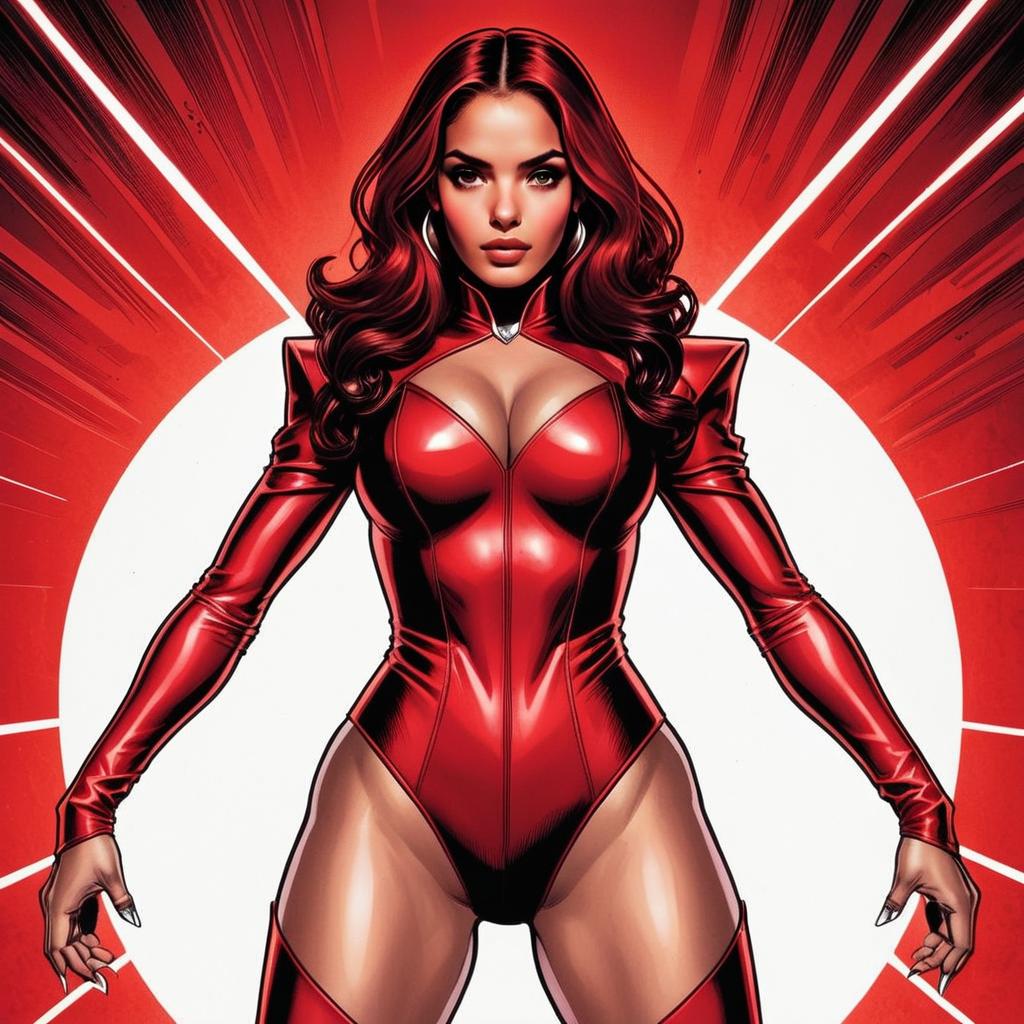 Digital Comic Style Illustration of Woman in Red Bodysuit