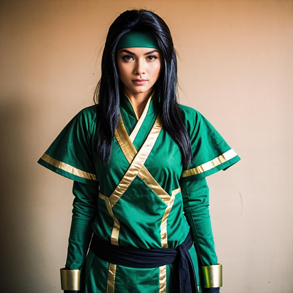 Woman in Green Martial Arts Costume with Gold Details and Black Belt