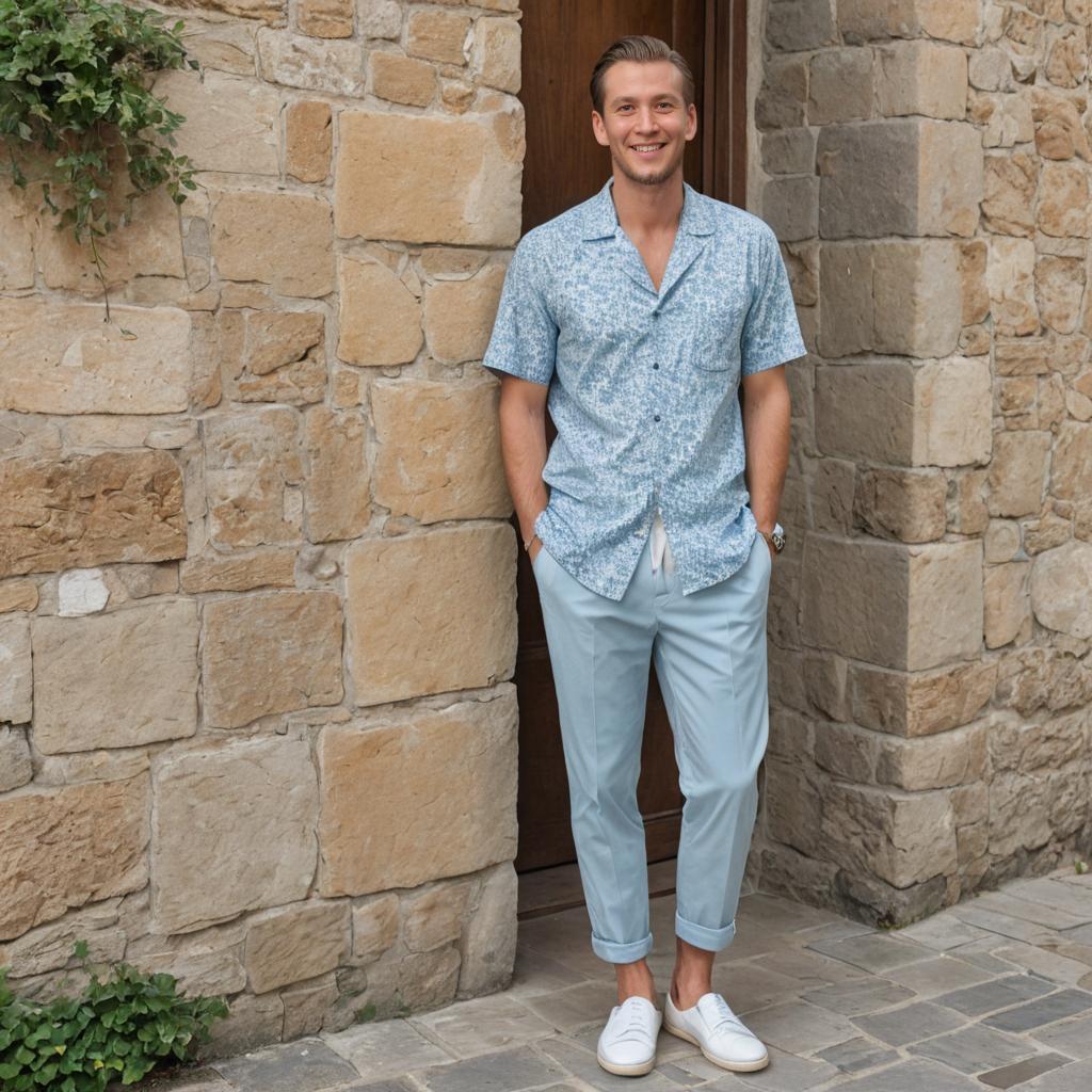 Stylish man in patterned shirt and light blue trousers