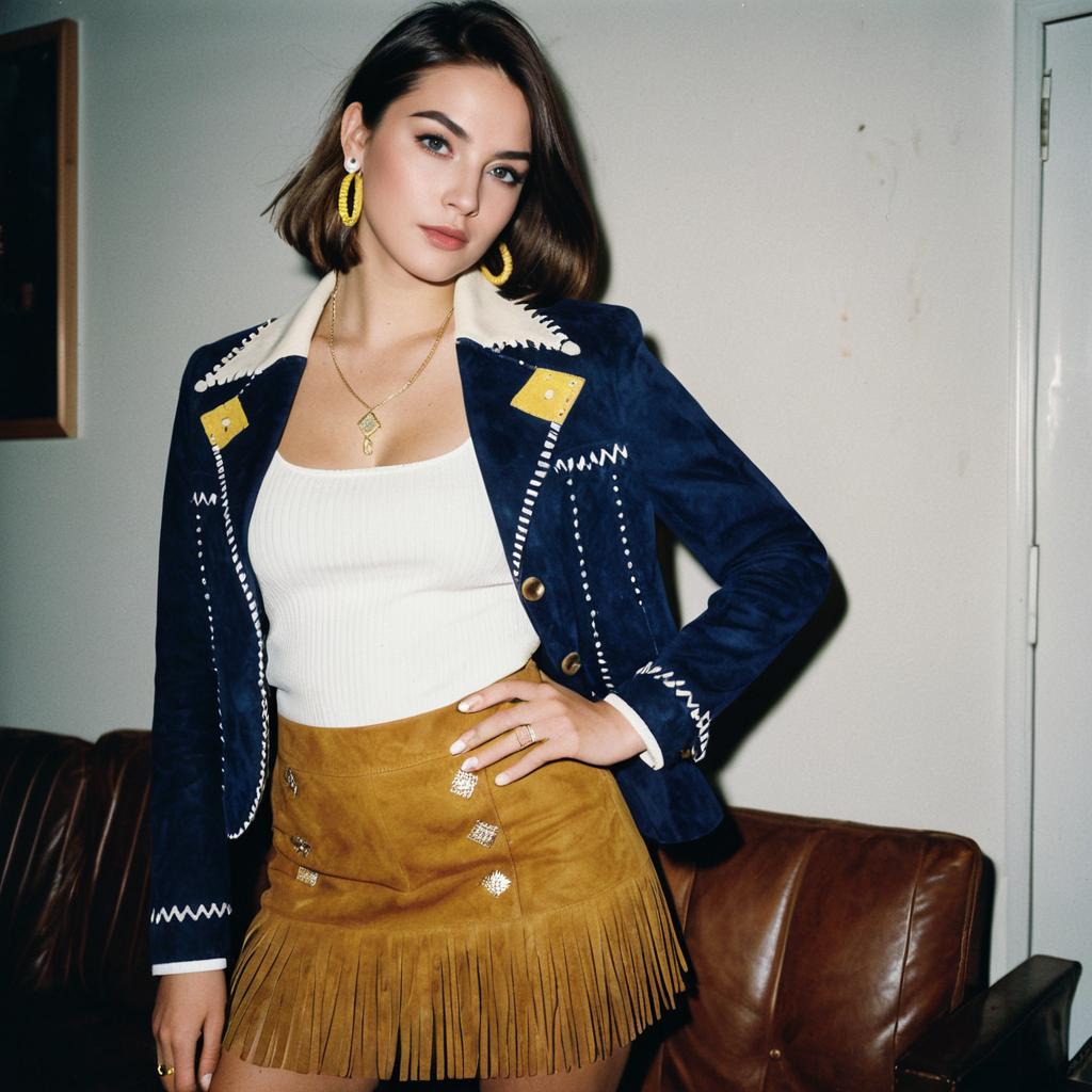 Woman in Preppy Western Style Brown Suede Fringe Jacket and Skirt