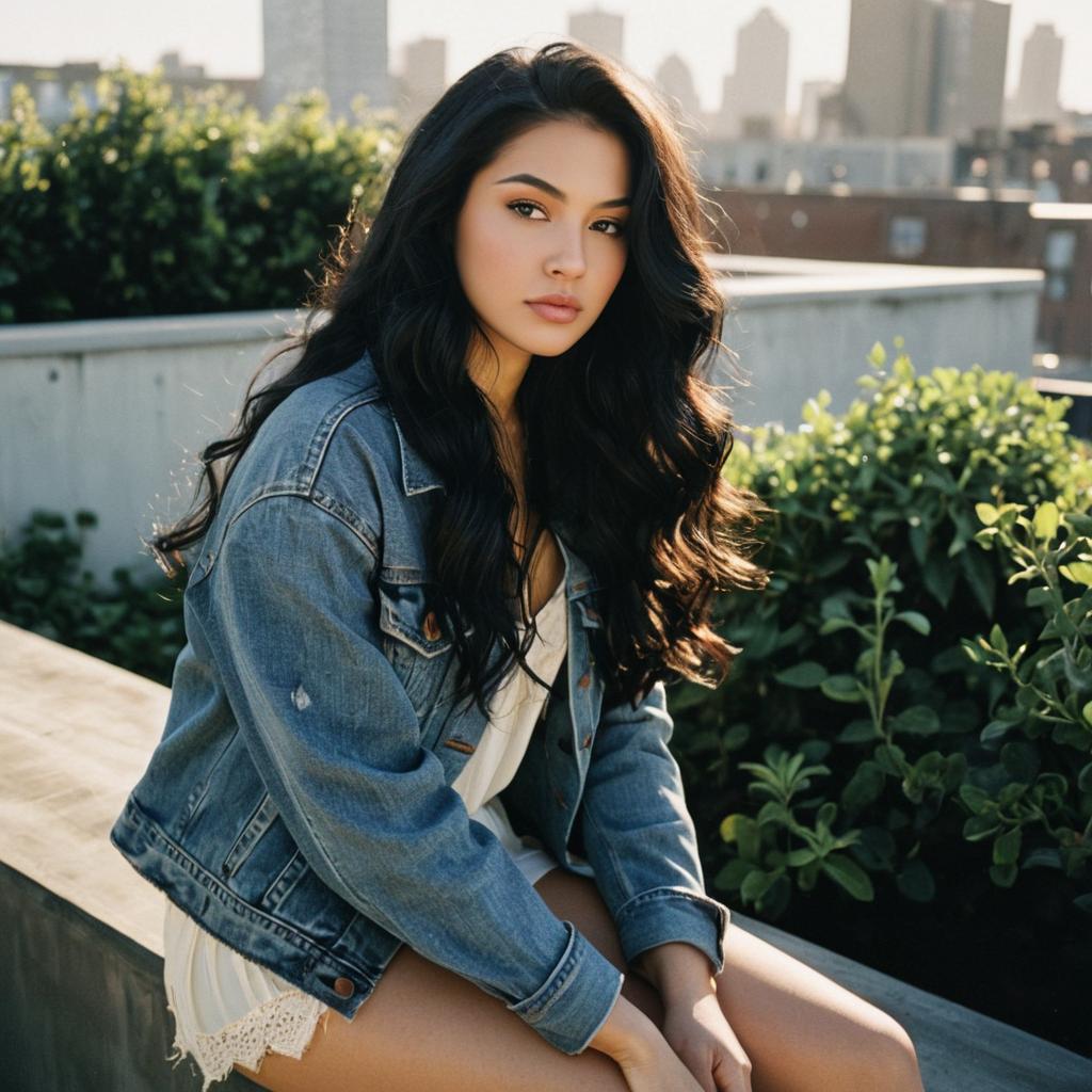 Young Woman in Denim Jacket Poses on Rooftop Garden with Urban Skyline