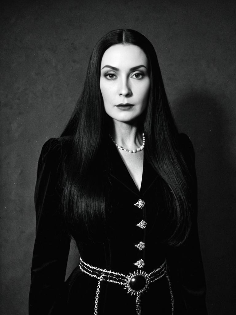 Woman in Morticia Addams Costume Waist Up Studio Portrait Cinematic