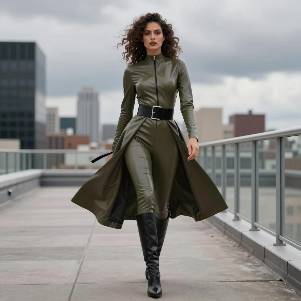 Stylish Woman in Olive Green Leather Jumpsuit and Long Coat - Gen Z Street Fashion