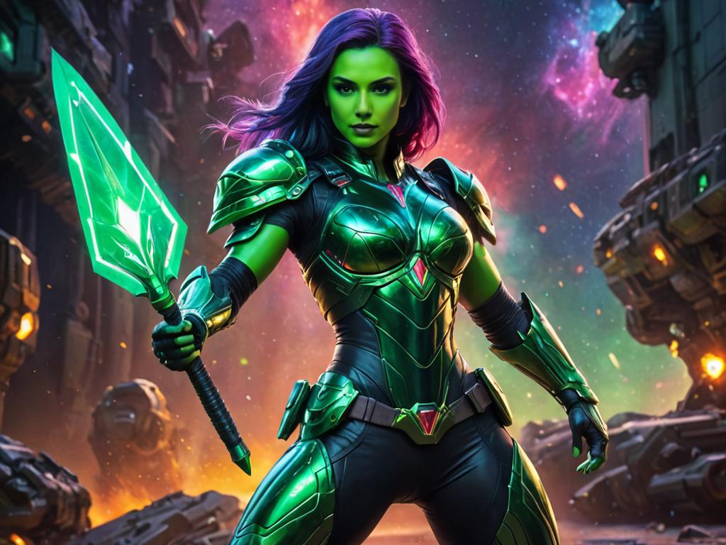 Artistic Gamora with Blade in Cosmic Background