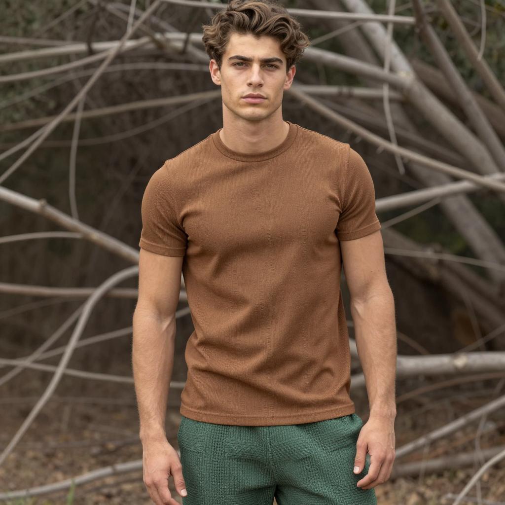 Young Man in Brown Shirt and Green Pants Outdoors Fashion Portrait
