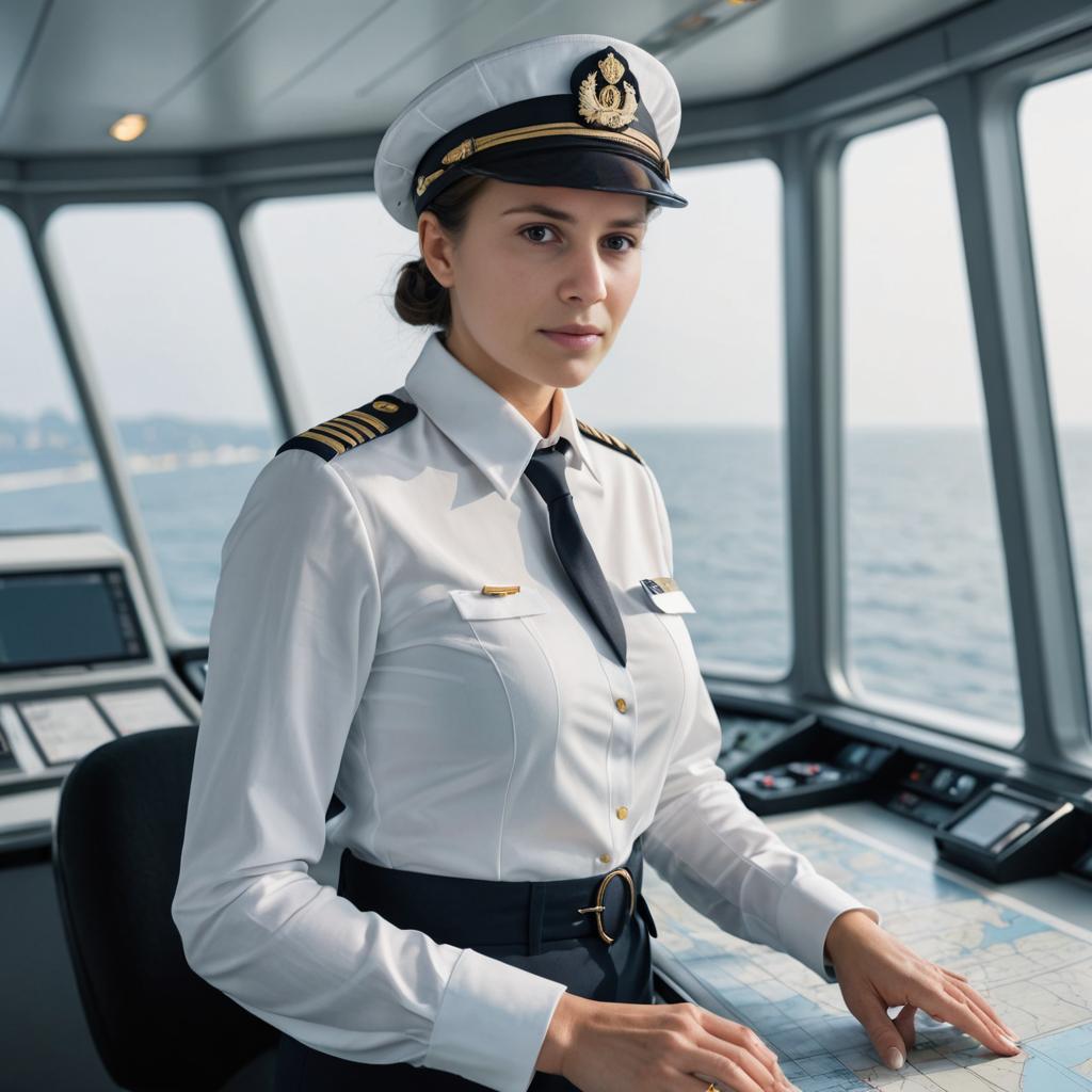 Woman in White Naval Uniform at Ship Helm