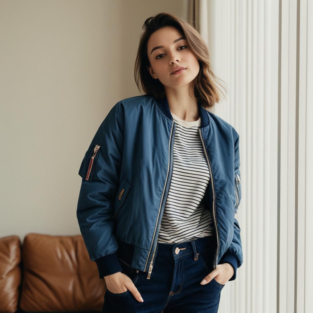 Casual Young Woman in Navy Bomber Jacket and Striped Shirt Indoors