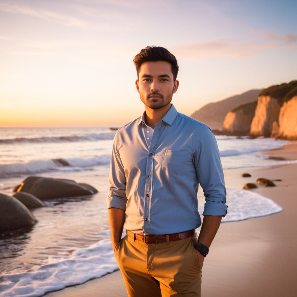 Confident Man at Sunset Beach