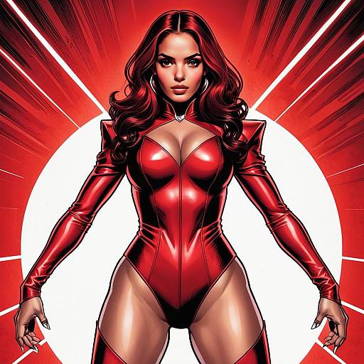 Digital Comic Style Illustration of Woman in Red Bodysuit
