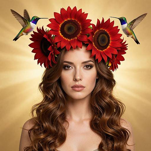 Woman Wearing Red Sunflower Crown with Hummingbirds on Golden Background