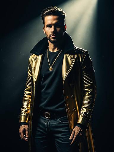 Man in Modern Fashion Gold Trench Coat Studio Portrait