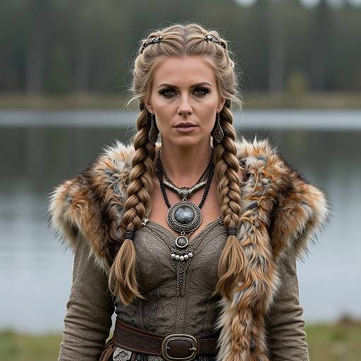 Viking Woman in Traditional Braided Hair and Fur Cloak by Lake