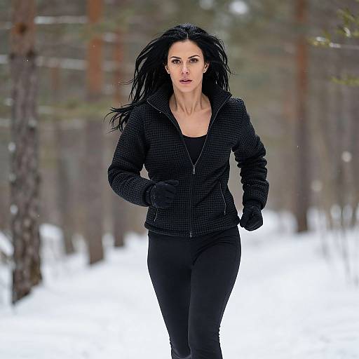Woman Running in Black Winter Athletic Wear on Snowy Forest Trail