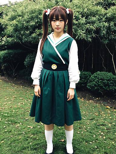 Japanese Schoolgirl Cosplay in Green Uniform Outdoors