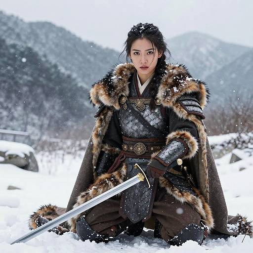 Woman Warrior in Medieval Fur Armor Holding Sword in Snowy Mountains