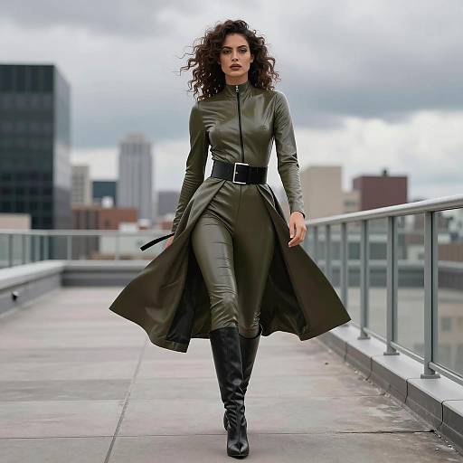 Stylish Woman in Olive Green Leather Jumpsuit and Long Coat - Gen Z Street Fashion