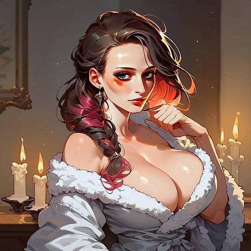 Anime Style Portrait of Woman with Candlelight and Fur Trimmed Outfit