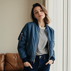 Casual Young Woman in Navy Bomber Jacket and Striped Shirt Indoors