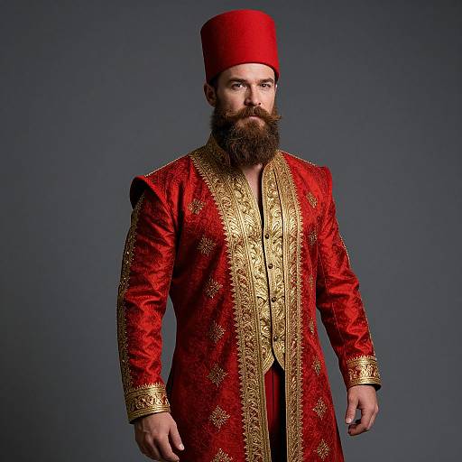 Man in Traditional Ottoman Red and Gold Costume with Fez Hat