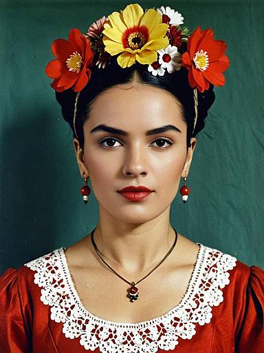 Woman in Red Dress with Floral Headpiece Inspired by Frida Kahlo Style