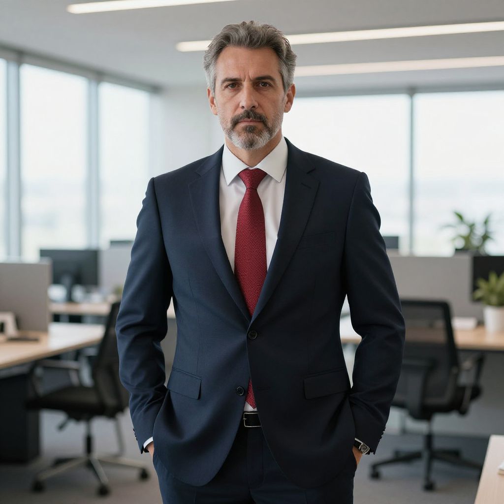 Confident Middle-Aged Businessman in Navy Suit Standing in Modern Office
