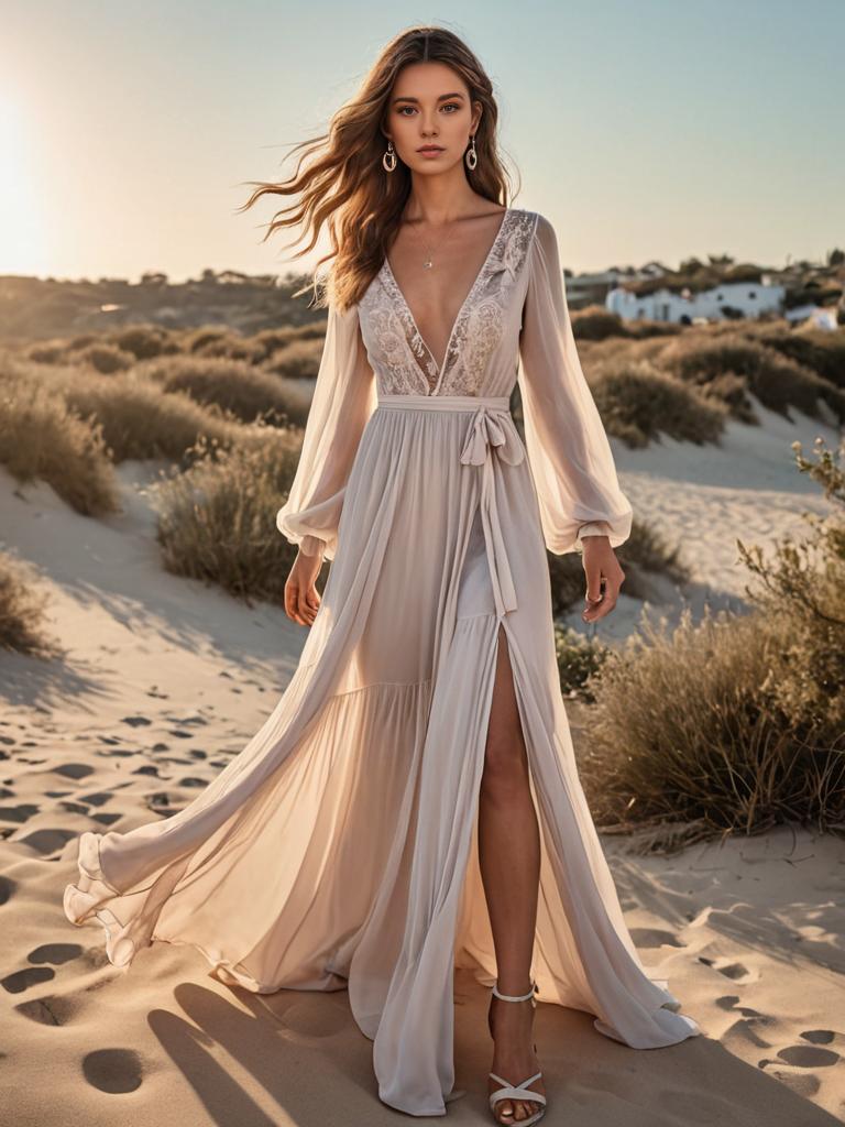 Stunning Woman in Flowing Dress at Beach