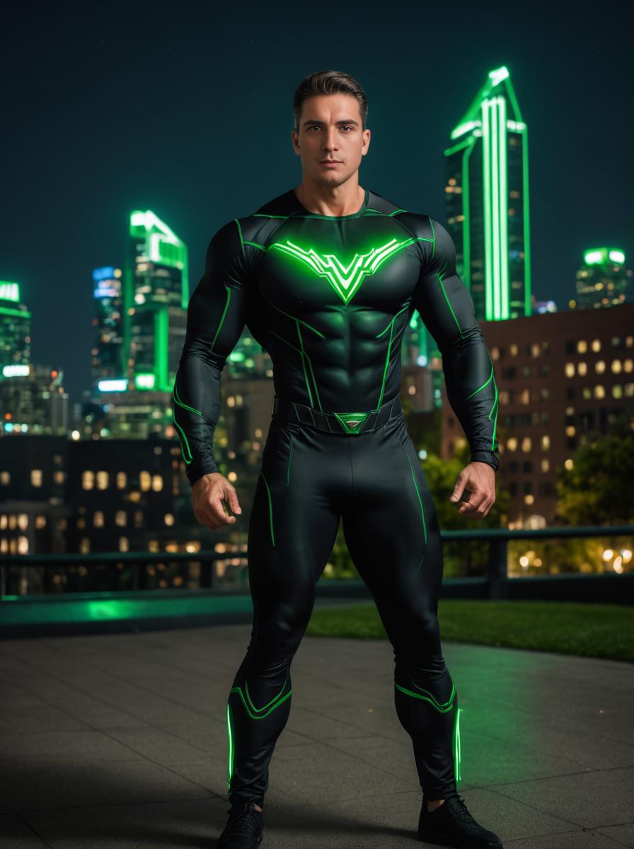 Muscular Man in Futuristic Suit Against Vibrant Cityscape