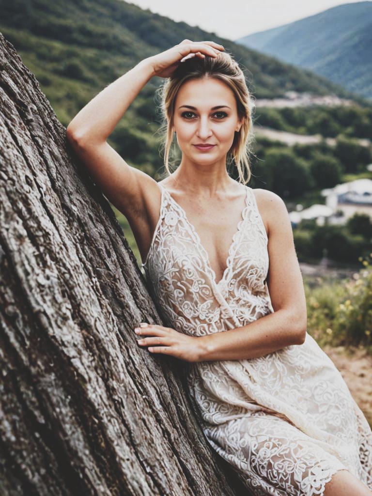 Bohemian Woman in White Lace Dress Outdoors