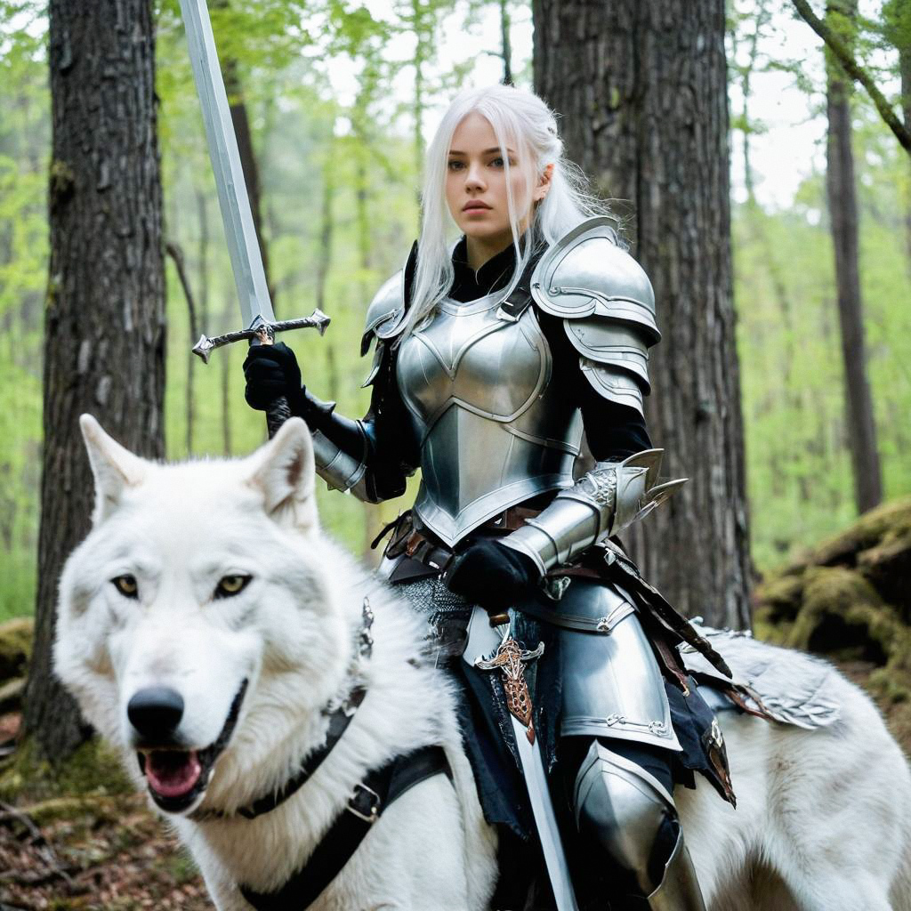 Woman in Medieval Armor with Wolf in Forest Woman in Medieval Armor with Wolf in Forest