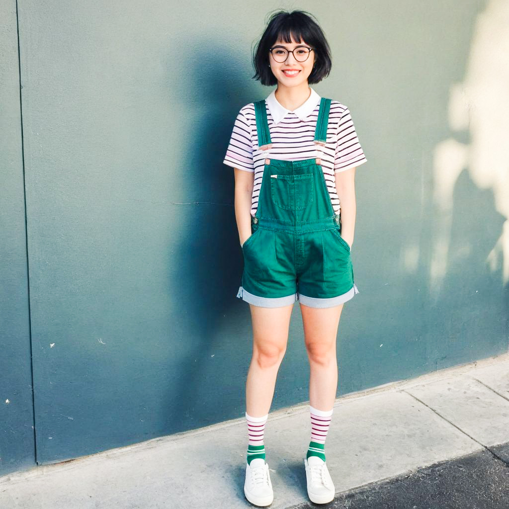 Young Woman in Green Overalls Against Gray Wall