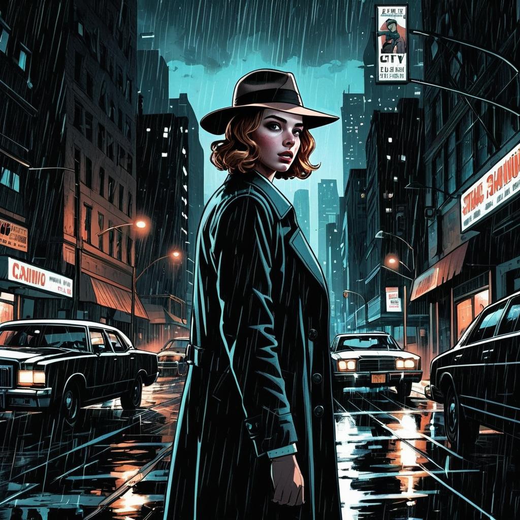 Noir Style Woman in Black Trench Coat on Rainy City Street Digital Art