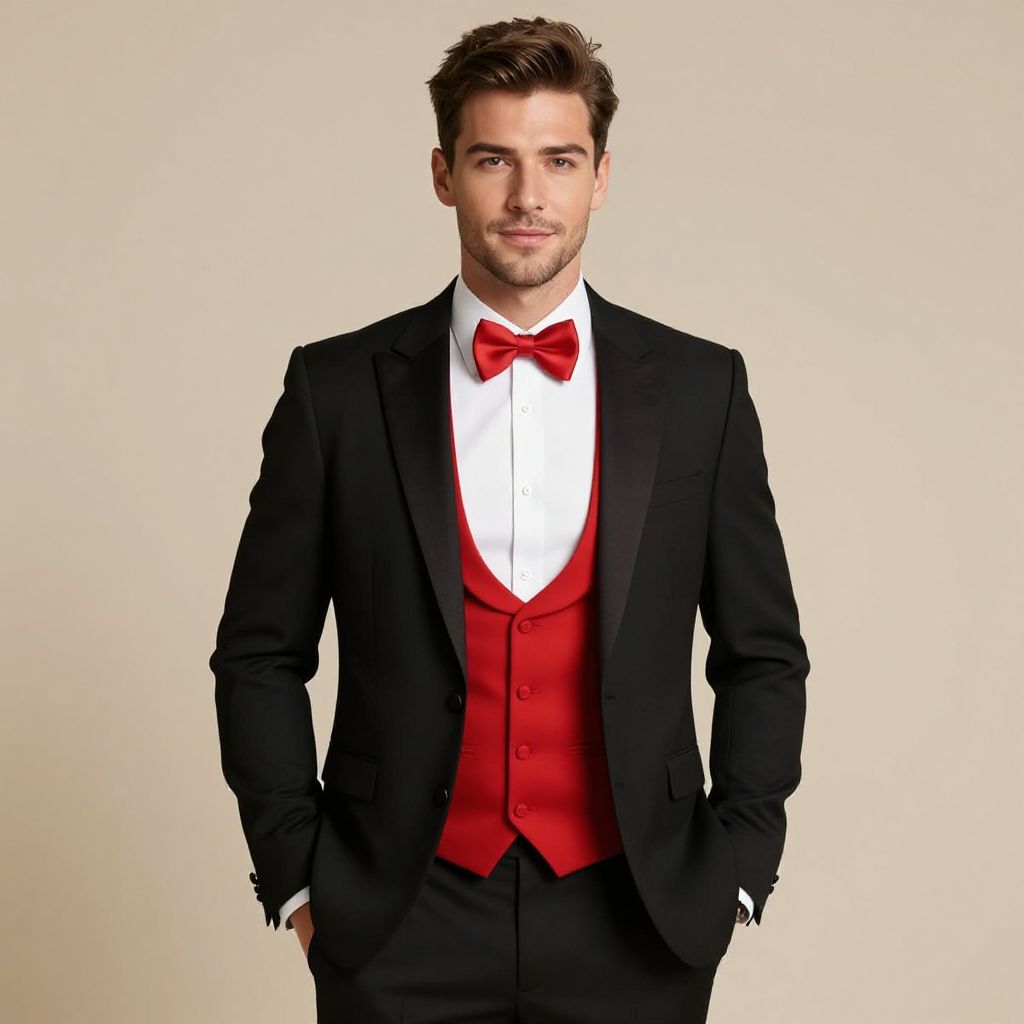 Confident Man in Black Tuxedo with Red Vest and Bow Tie