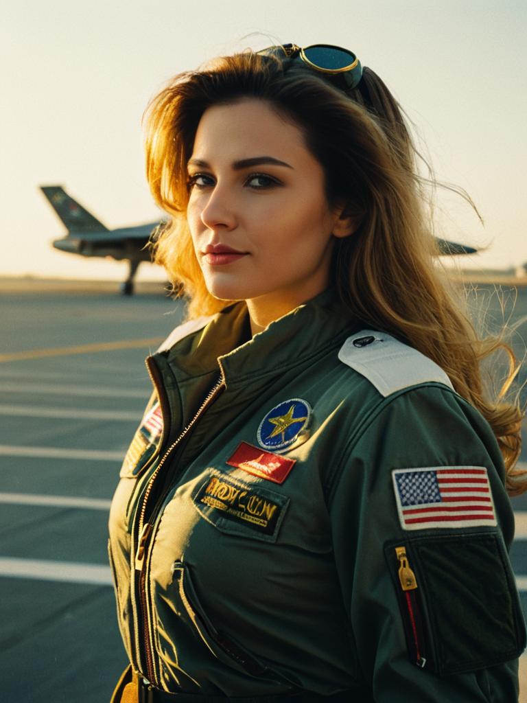 Woman in Top Gun Pilot Costume Outdoor Cosplay Photo at Golden Hour