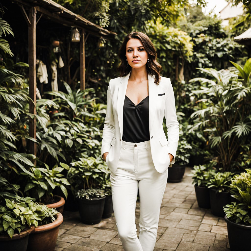 Elegant Woman in Stylish White Suit in Lush Garden